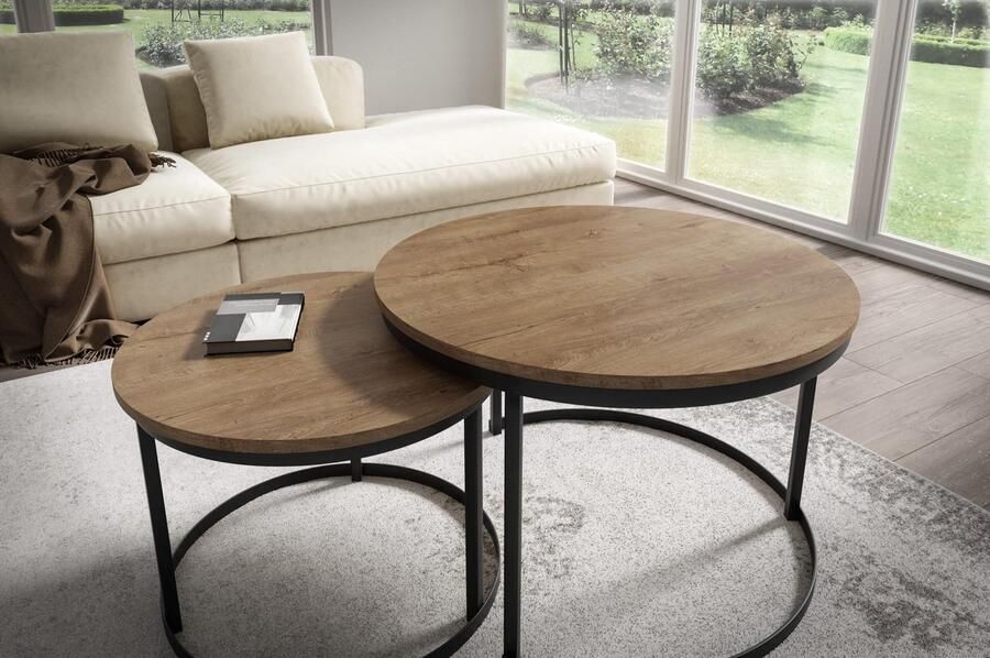 NoaHome Azura Salontafel Set Donker Eiken – Industrieel & Stijlvol – Duurzaam Hout met Fineer en Stoer Metaal – Ronde Design Tafels voor Woonkamer