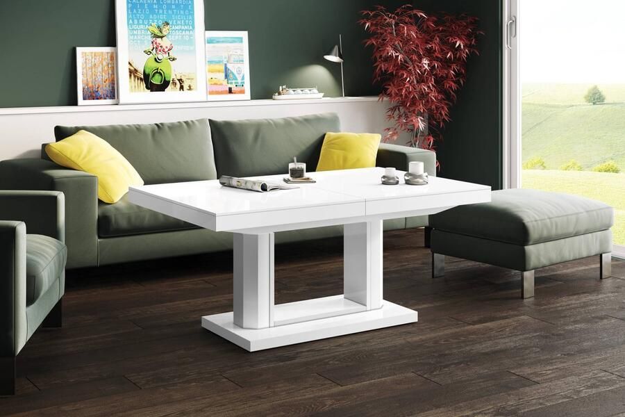 NoaHome Azura Uitklapbare Salontafel tot Eettafel – Wit Hoogglans Uitschuifbare Design Tafel Hout met Fineer Moderne Stijl Multifunctioneel & Duurzaam