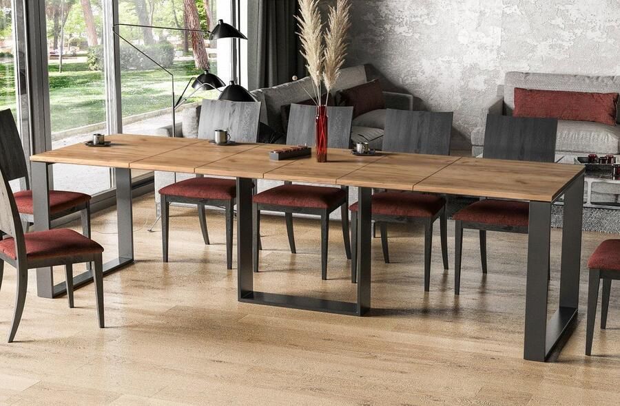 NoaHome Azurielle Uitschuifbare Eettafel Goud Eiken – Luxe Robuuste & Praktische Eettafel voor 12 Personen – Stijlvol Hout Fineer & Industrieel Design