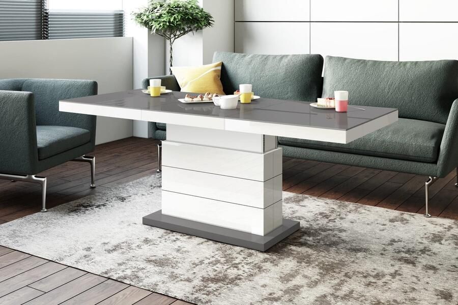 Luxe Uitschuifbare Salontafel – In Hoogte Verstelbaar – Rechthoekig – Grijs Hoogglans & Zwart Hoogglans – 120-170 x 70 x 55-65 cm – Multifunctionele Woonkamertafel
