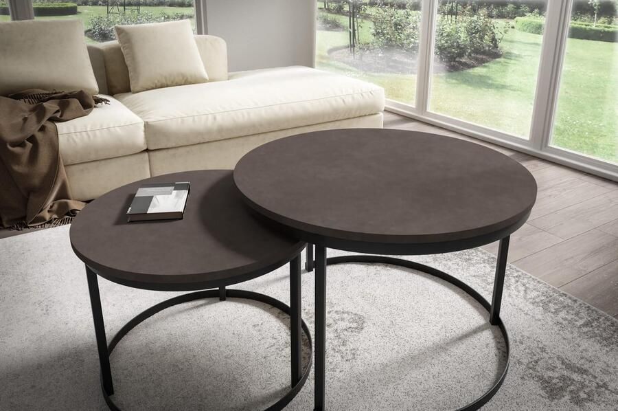 NoaHome Lumiera Beton Ronde Salontafel Set – Industrieel Design Hout Fineer & Metaal – Salontafel 58 75 cm Ø • Betonlook Blad • Modern & Sfeervol • 2 Jaar Garantie