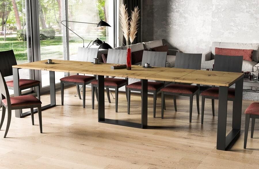 NoaHome Majestica Uitschuifbare Eettafel Ambachtelijk Eiken – Luxe Industriële Houten Rechthoekige Familietafel voor 12 Personen