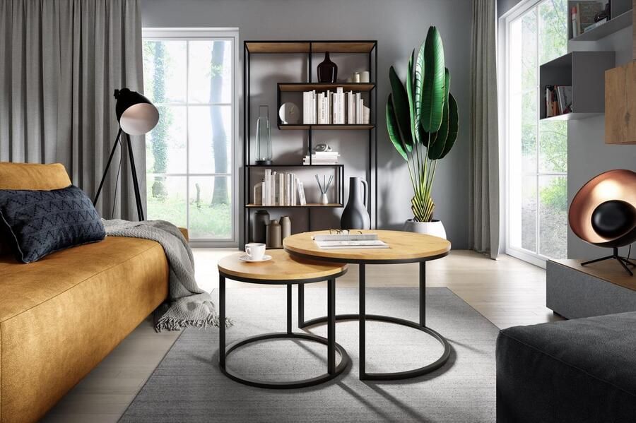 NoaHome Mystique EikenAura Salontafel Set – Natuurlijk Eiken Fineer & Industrieel Metaal – Rond Design (2‑delige Set)