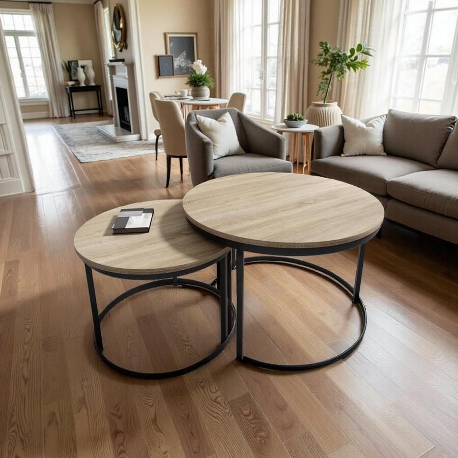 NoaHome naam: Zafira Salontafel Set Sonoma Luxe Ronde Houten Tafels met Stijlvol Metaalframe