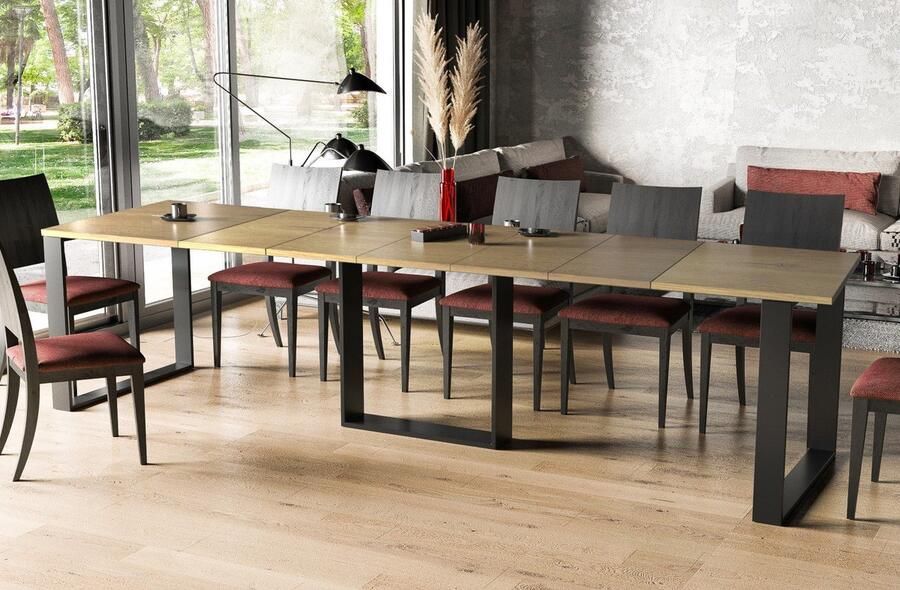 NoaHome Savanna Uitschuifbare Eettafel Natuurlijk Eiken Grote Robuuste Eettafel voor 12 Personen Industrieel & Modern Design
