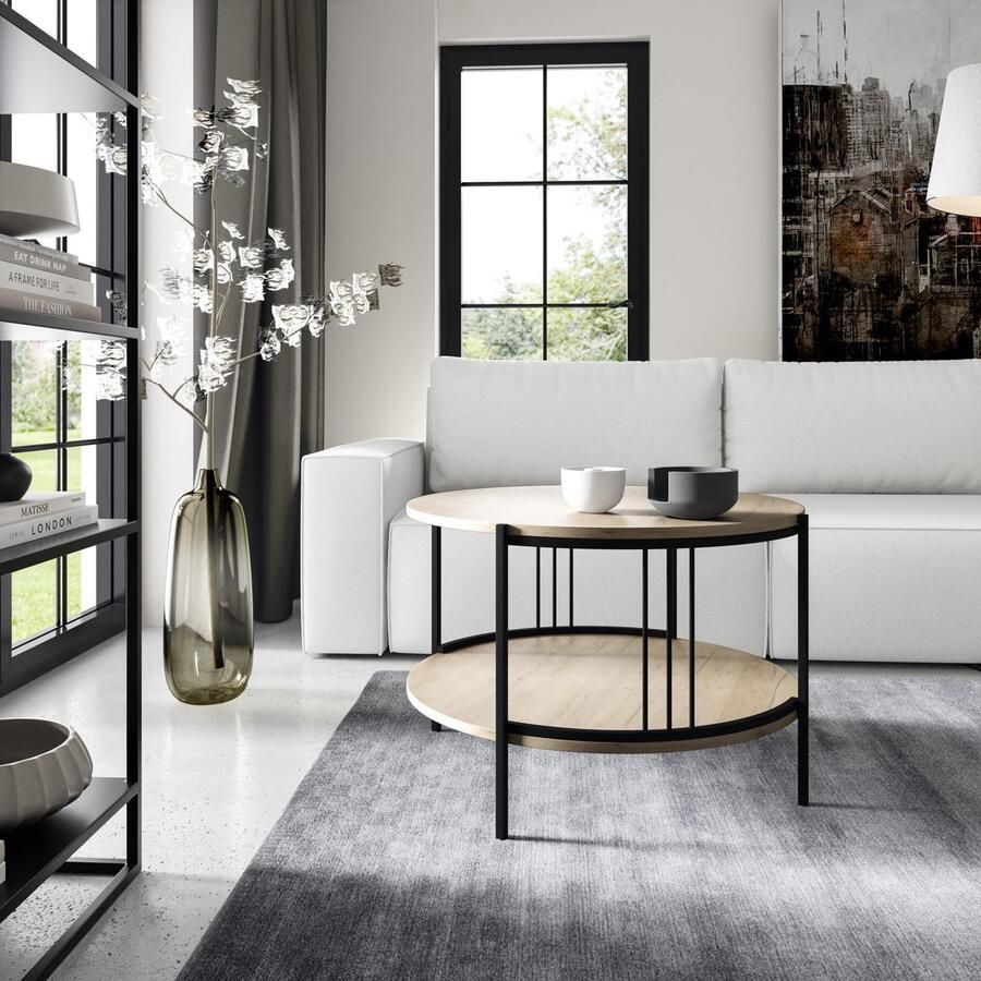 NoaHome Solmarina Salontafel – Ronde Industriële Salontafel van Natuurlijk Eiken met Zwart Metalen Frame (Ø 75 cm Hoogte 50 cm)