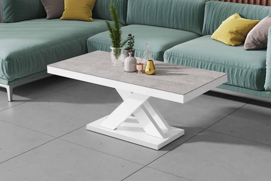 NoaHome Xandora StoneMat Salontafel 120x60x50 cm – Rechthoekige Houten Fineer Salontafel – Steen Grijs Mat Blad & Wit Hoogglans Onderstel – Modern Design