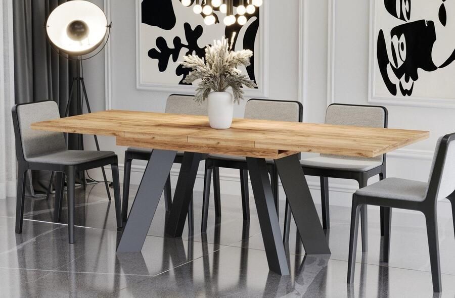 NoaHome Zafirello Uitschuifbare Eettafel Goud Eiken – Robuuste Houten Tafel 8 Personen – Industriële Stijl – Uitschuifbare Design Eettafel – Eetkamertafel Rechthoekig