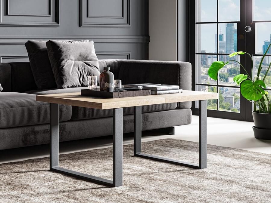 NoaHome Zahara Salontafel Goud Eiken – Luxe Houten Salontafel met Metaal Frame Industriële & Moderne Rechthoekige Tafel Uitschuifbaar