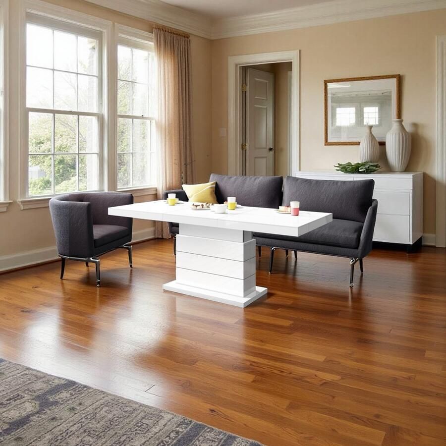 NoaHome Zefirion Uitschuifbare en In Hoogte Verstelbare Salontafel – Wit Hoogglans – Hout met Fineer – Stijlvolle en Functionele Woonkamer Tafel