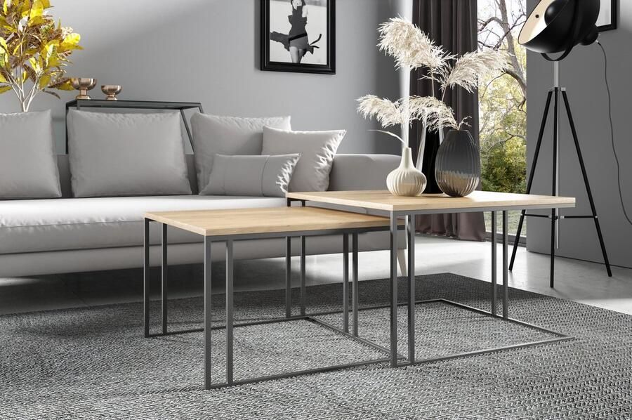 NoaHome Zenya Salontafel Goud Eiken – Luxe Vierkante Houten Tafel met Metaal Onderstel – Industriële Woonkamer Tafel – Stijlvolle Salontafel 76x76x39 cm