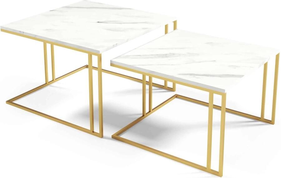 NoaHome Zephira Salontafel Goud-Wit – Luxe Houten Salontafel met Metalen Frame – Industriële Vierkante Tafel – Duurzaam & Stijlvol Design