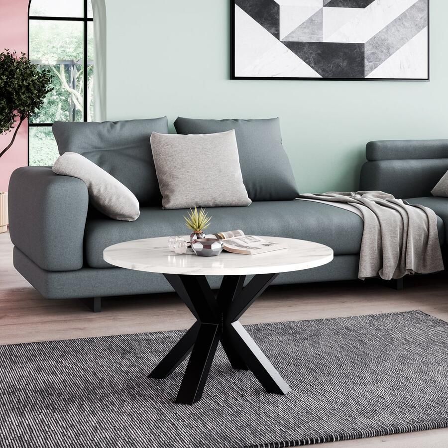 Neew by George Azzar Neew by George Azzar – Design Salontafel NOE Ø58 cm – Wit Marmer Rond Tafelblad – Metalen Spinpoot – Industrieel & Modern – Bijzettafel Koffietafel – Compact & Stevig – Luxe Meubel voor Woonkamer Lounge Slaapkamer