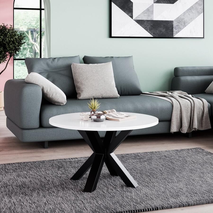 Neew by George Azzar Neew by George Azzar – Design Salontafel NOE Ø58 cm – Wit Rond Tafelblad – Metalen Spinpoot – Industrieel & Modern – Bijzettafel Koffietafel – Compact & Stevig – Luxe Meubel voor Woonkamer Lounge Slaapkamer