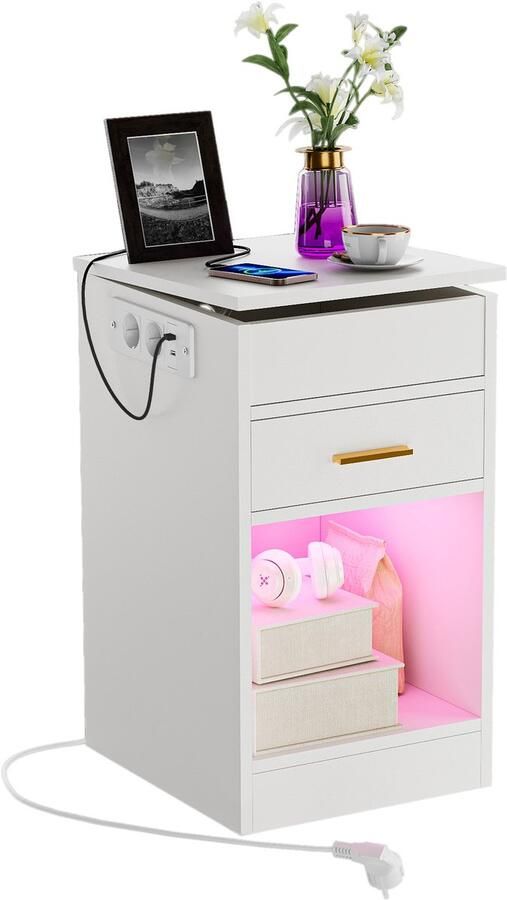 Noen Single Drawer Bedside Table Flip-Top Sideboard Wood Side Cabinet One Drawer Bedside Cabinet with Charging Station 2AC 2USB Open Bottom Bedside Table with Lights for Bedroom EU Plug White