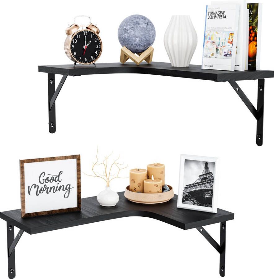 Nolad Wandplank 2-Laags Wandrek Boekenplank Industrieel Zwevend 41 x 29 x 1.5cm Inc bevestigingmaterialen Zwart