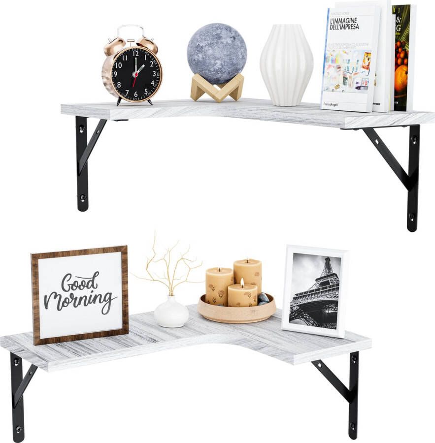 Nolad Wandplank 2-Laags Wandrek Boekenplank Industrieel Zwevend 41 x 29 x 1.5cm Inc bevestigingmaterialen Wit