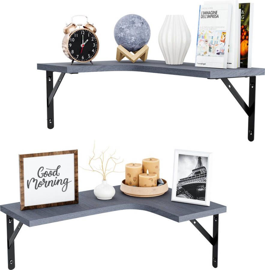 Nolad Wandplank 2-Laags Wandrek Boekenplank Industrieel Zwevend 41 x 29 x 1.5cm Inc bevestigingmaterialen Grijs