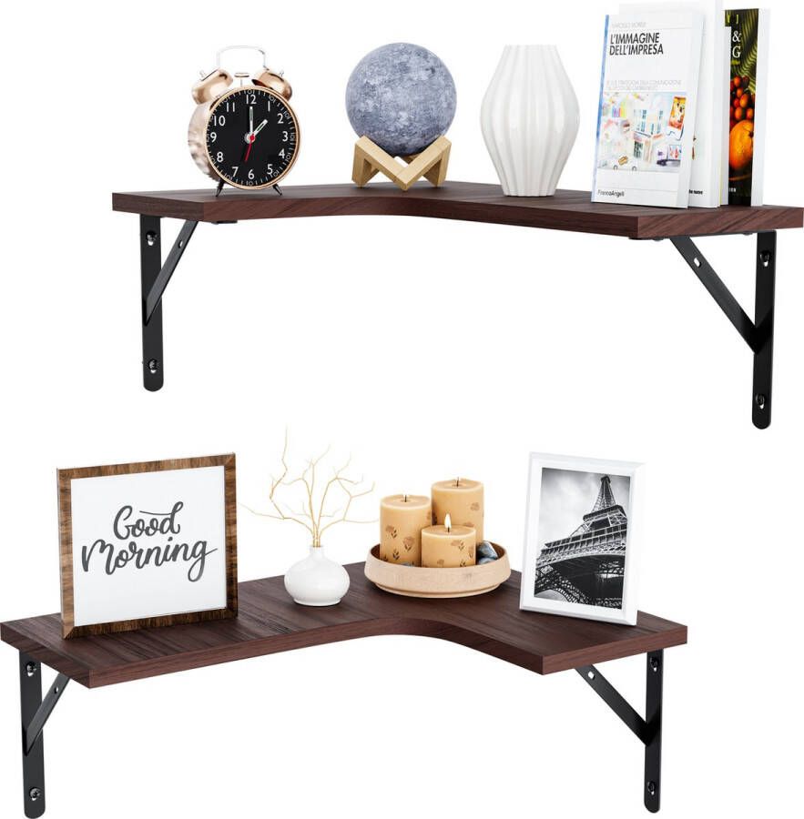 Nolad Wandplank 2-Laags Wandrek Boekenplank Industrieel Zwevend 41 x 29 x 1.5cm Inc bevestigingmaterialen Bruin