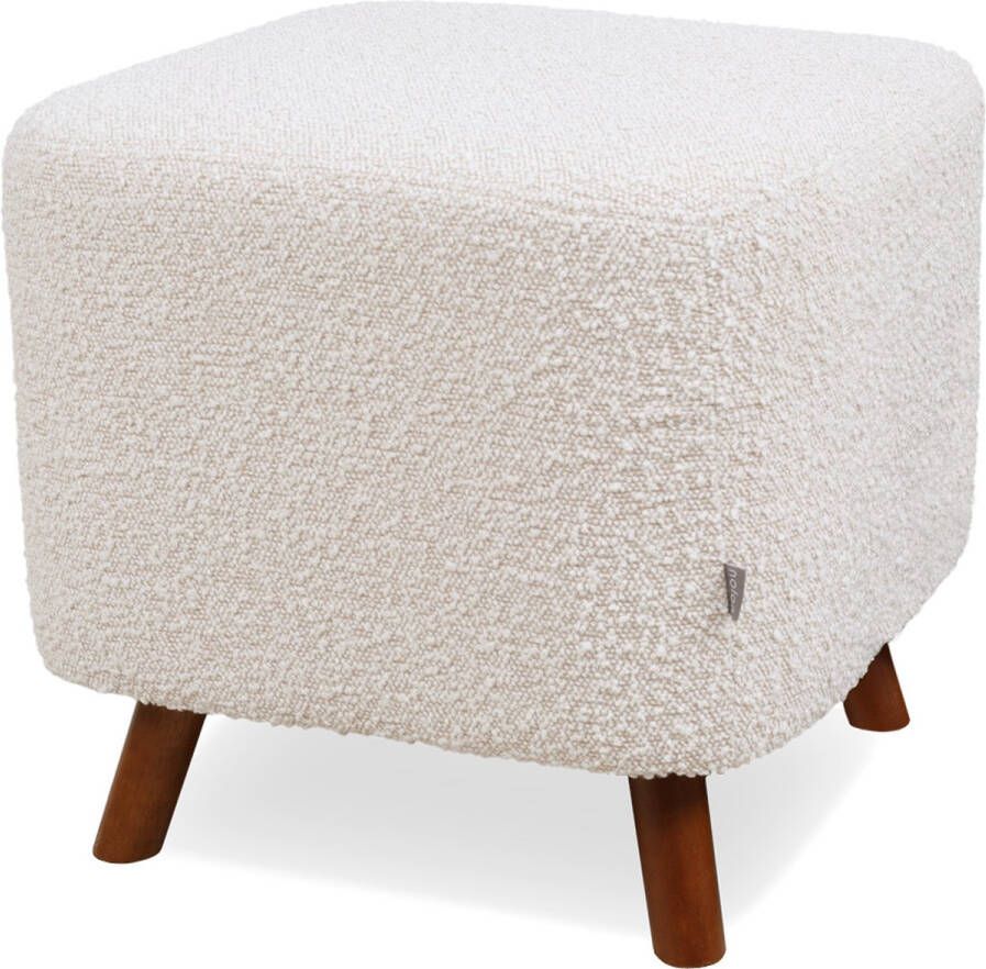 Nolon Julia Poef Bouclé Beige Vierkant Op Houten Pootjes Voetenbank 44 x 44 x 39 cm