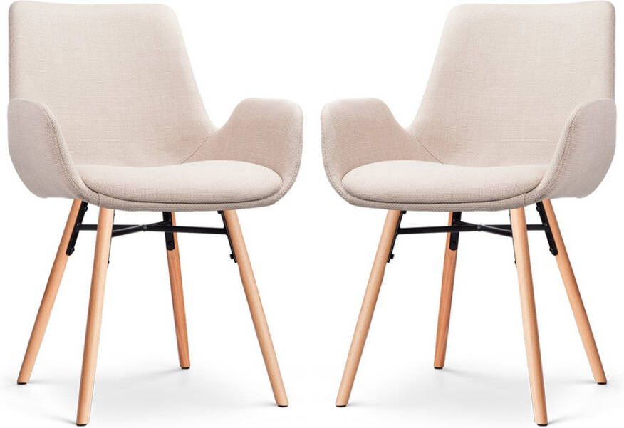 Nolon Nena-Eef Eetkamerstoelen Set van 2 Beige Armleuningen Stof Houten Poten Lage Armleuning Design Scandinavisch