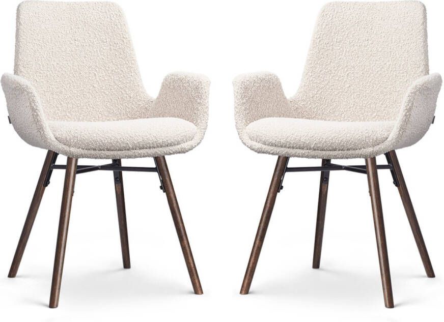 Nolon Nena-Eef Eetkamerstoelen Set van 2 Bouclé Beige Armleuningen Stof Houten Poten Walnoot Lage Armleuning Design Scandinavisch