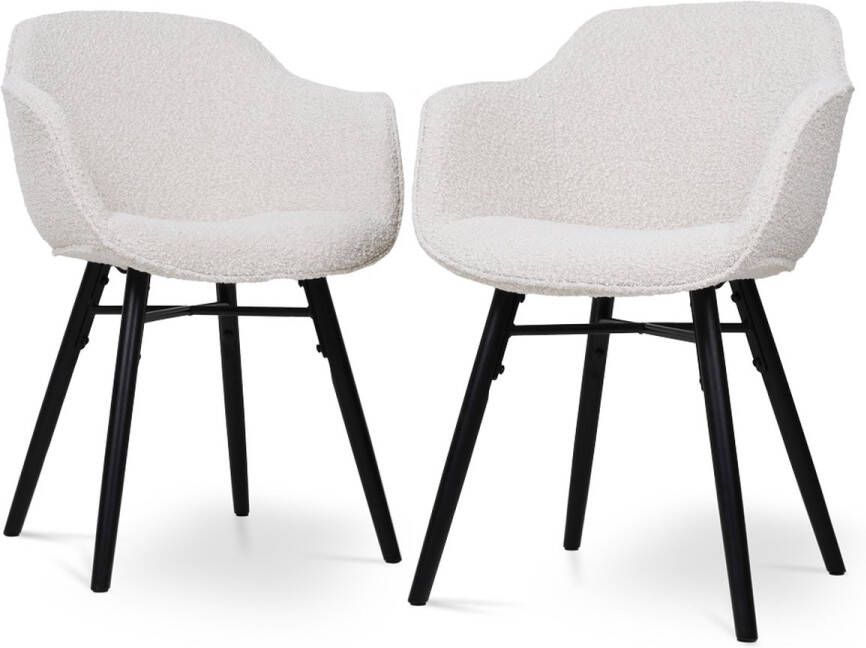 Nolon Set van 2 Nena-Mare Eetkamerstoel Bouclé Beige met Armleuning Stof Zwarte Houten Poten Scandinavisch Comfortabel