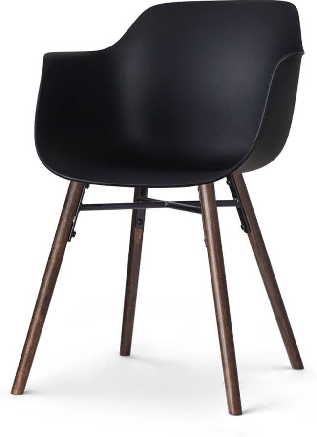 Nolon Nena-Puk Eetkamerstoel Zwart met Armleuning Kunststof Zitting Houten Poten Walnoot Kuipstoel met Armleuning
