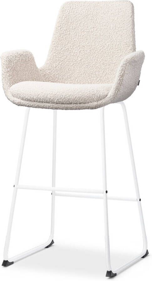 Nolon Nino-Eef Barkruk Bouclé Beige met Armleuning Wit Onderstel 75 cm Barkruk met Rugleuning Lage Armleuning Design Scandinavisch Comfortabel