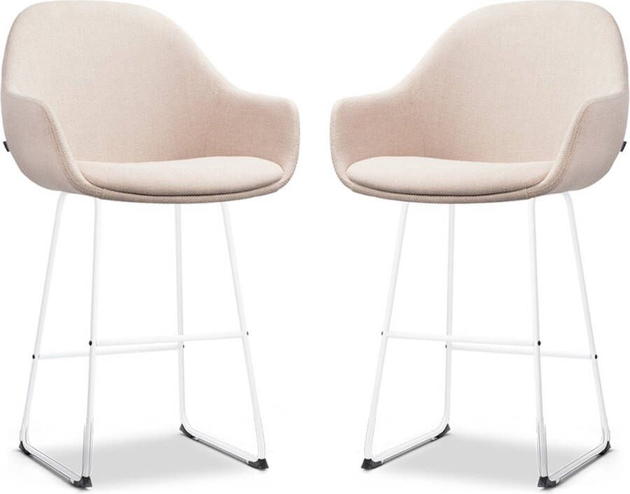 Nolon Nino-Mae Barkrukken Set van 2 Beige Wit Onderstel 65 cm Stof Voor Kookeiland met Rugleuning Design Scandinavisch Comfortabel