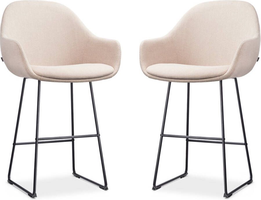 Nolon Nino-Mae Barkrukken Set van 2 Beige Zwart Onderstel 65 cm Stof Voor Kookeiland met Rugleuning Design Scandinavisch Comfortabel