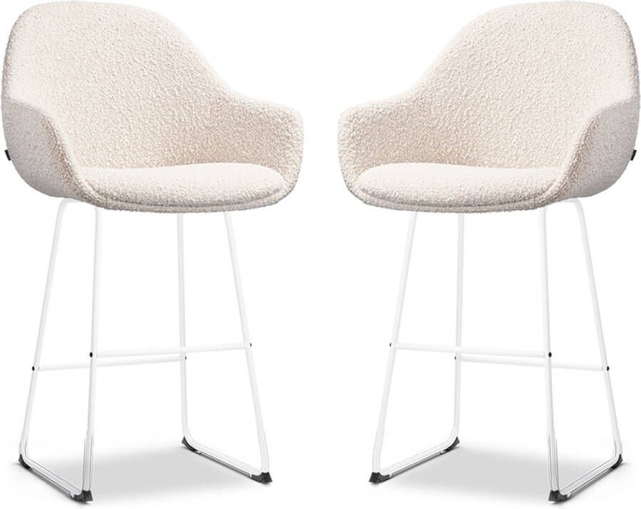 Nolon Nino-Mae Barkrukken Set van 2 Bouclé Beige Wit Onderstel 65 cm Stof Voor Kookeiland met Rugleuning Design Scandinavisch Comfortabel