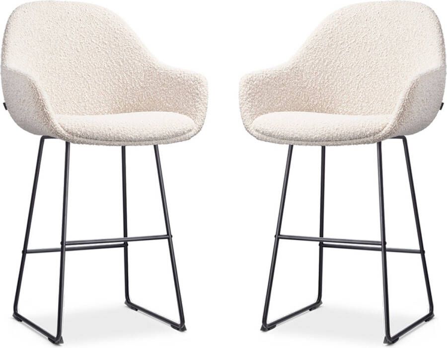 Nolon Nino-Mae Barkrukken Set van 2 Bouclé Beige Zwart Onderstel 65 cm Stof Voor Kookeiland met Rugleuning Design Scandinavisch Comfortabel