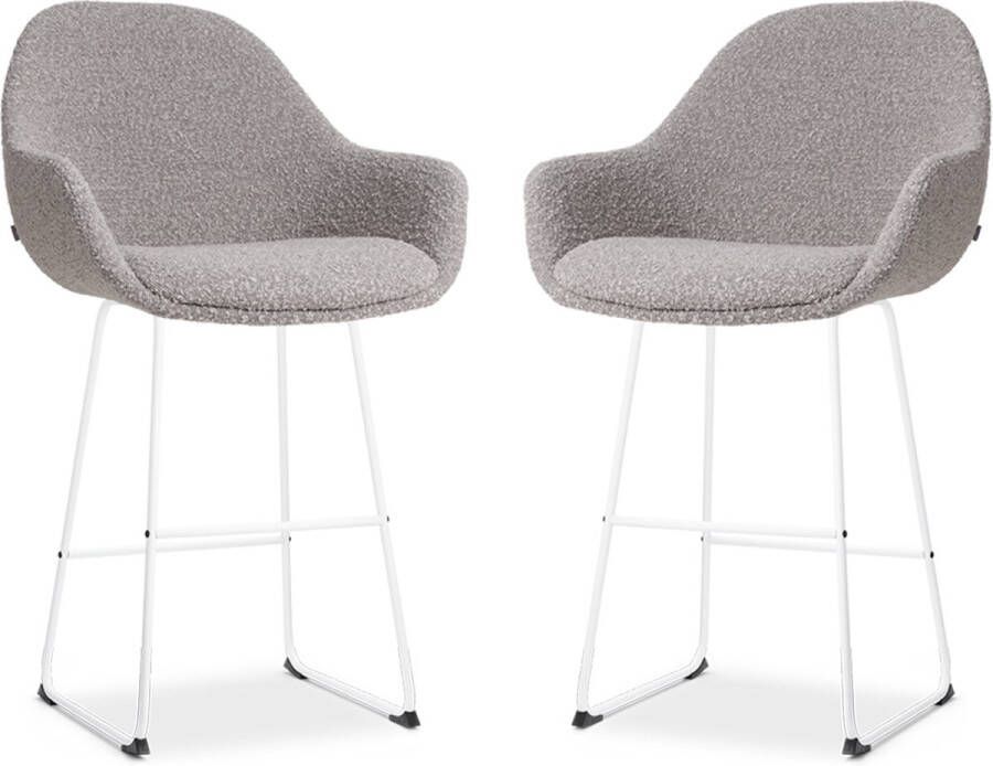 Nolon Nino-Mae Barkrukken Set van 2 Bouclé Taupe Wit Onderstel 65 cm Stof Voor Kookeiland met Rugleuning Design Scandinavisch Comfortabel