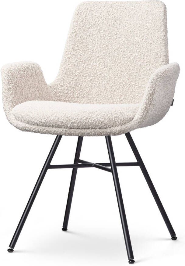 Nolon Noa-Eef Eetkamerstoel Bouclé Beige met Armleuning Stof Zwart Metalen Onderstel Lage Armleuning Industrieel Modern Design Comfortabel