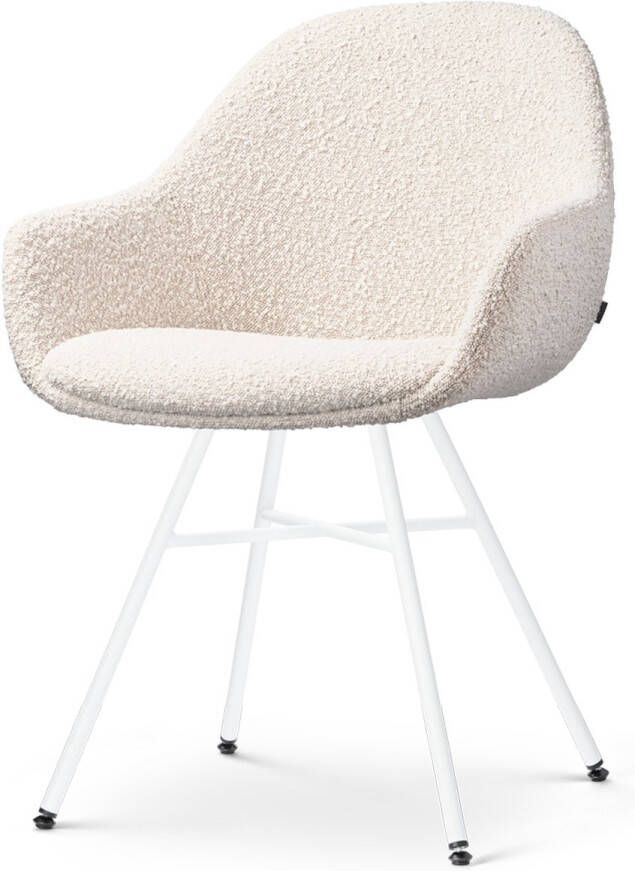 Nolon Noa-Mae Eetkamerstoel Bouclé Beige met Armleuning Stof Wit Metalen Poten Design Scandinavisch Comfortabel