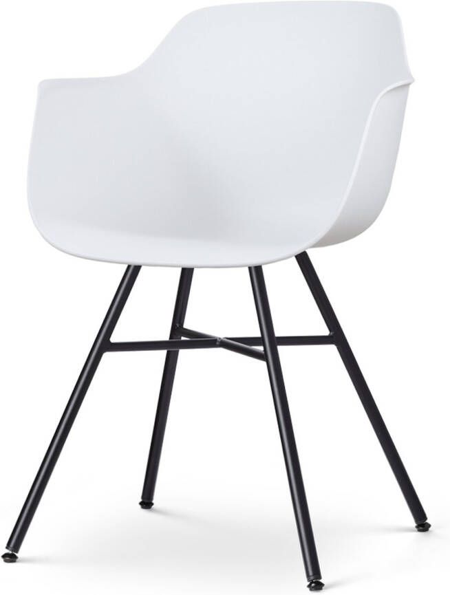 Nolon Noa-Puk Eetkamerstoel wit met armleuning kunststof zitting zwart metalen poten kuipstoel met armleuning
