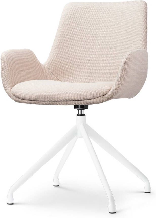 Nolon Nola-Eef Draaibare Eetkamerstoel Beige met Armleuning Stof Wit Onderstel Lage Armleuning Design Scandinavisch Comfortabel