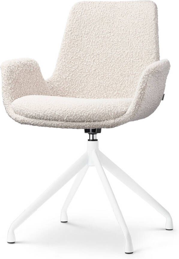 Nolon Nola-Eef Draaibare Eetkamerstoel Bouclé Beige met Armleuning Stof Wit Onderstel Lage Armleuning Design Scandinavisch Comfortabel