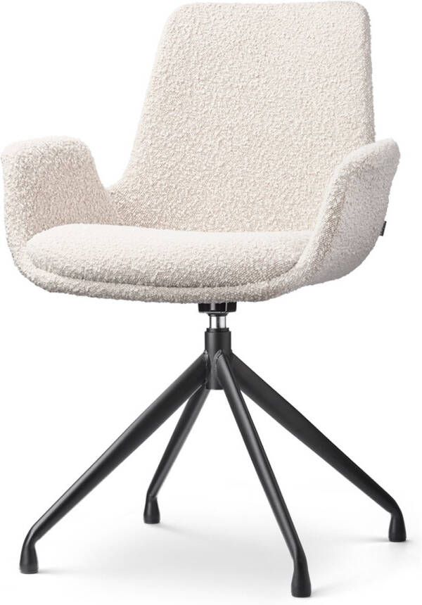 Nolon Nola-Eef Draaibare Eetkamerstoel Bouclé Beige met Armleuning Stof Zwart Onderstel Lage Armleuning Design Scandinavisch Comfortabel