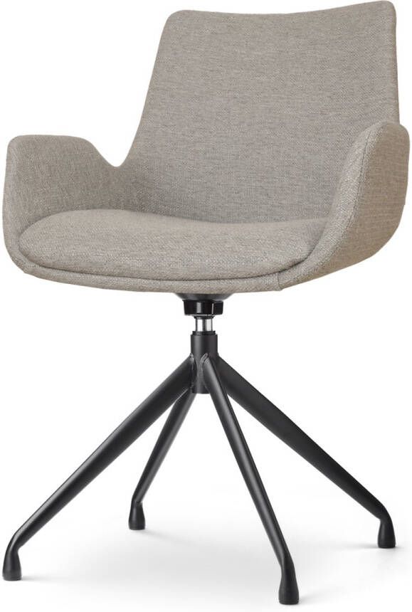 Nolon Nola-Eef Draaibare Eetkamerstoel Warm Grijs met Armleuning Stof Zwart Onderstel Lage Armleuning Design Scandinavisch Comfortabel