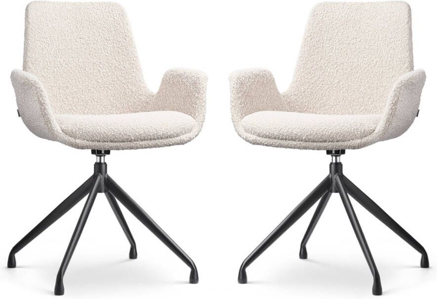 Nolon Nola-Eef Eetkamerstoelen Set van 2 Bouclé Beige Draaibaar met Armleuning Stof Zwart Onderstel Lage Armleuning Design Scandinavisch