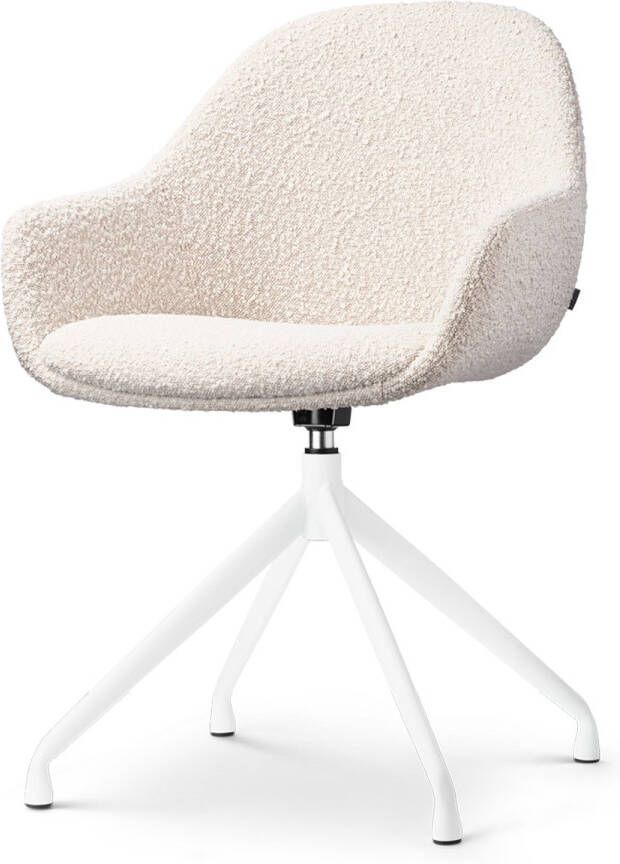 Nolon Nola-Mae Eetkamerstoel Draaibaar Bouclé Beige met Armleuning Stof Wit Onderstel Design Scandinavisch Comfortabel