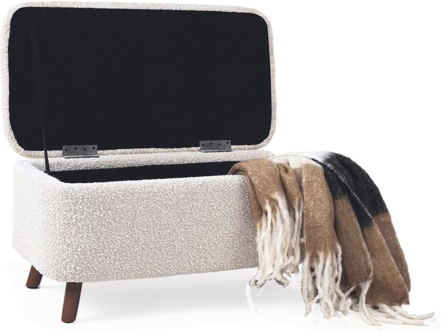 Nolon Julia Bankje Bouclé Beige met Opbergruimte Houten Poten Halbankje 82 cm