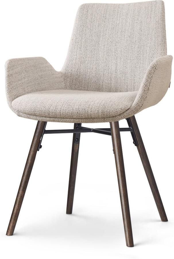 Nolon Nena-Eef Eetkamerstoel Beige Gemêleerd Armleuningen Stof Houten Poten Walnoot Lage Armleuning Design Scandinavisch Comfortabel