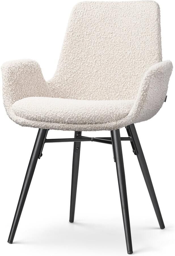 Nolon Nena-Eef Eetkamerstoel Bouclé Beige Armleuningen Stof Zwarte Houten Poten Lage Armleuning Design Scandinavisch Comfortabel