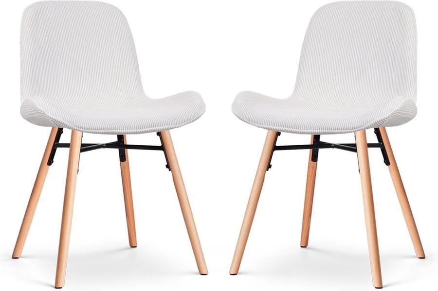Nolon Nena-Fé Eetkamerstoelen Set van 2 Ribstof Crème Stof Houten Poten Naturel Scandinavisch