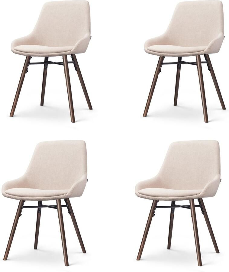 Nolon Nena-Isa Eetkamerstoelen Set van 4 Beige Stof Zonder Armleuning Houten Poten Walnoot Scandinavisch Comfortabel