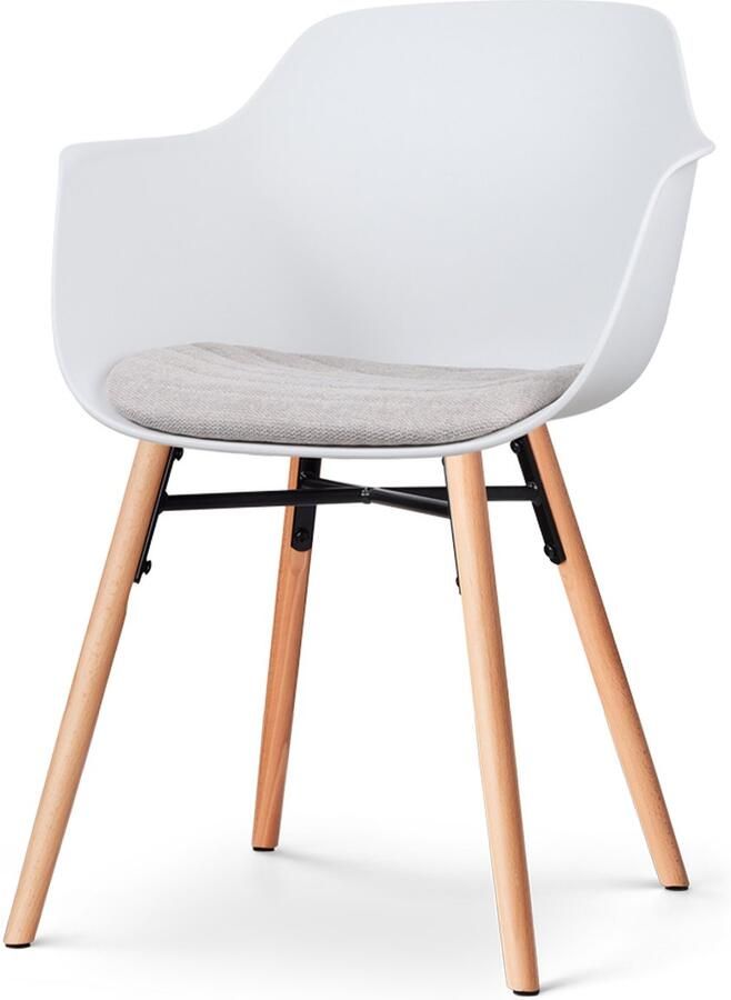 Nolon Nena-Liz Eetkamerstoel Wit met Beige Zitkussen Armleuning Kunststof Zitting Houten Poten Kuipstoel