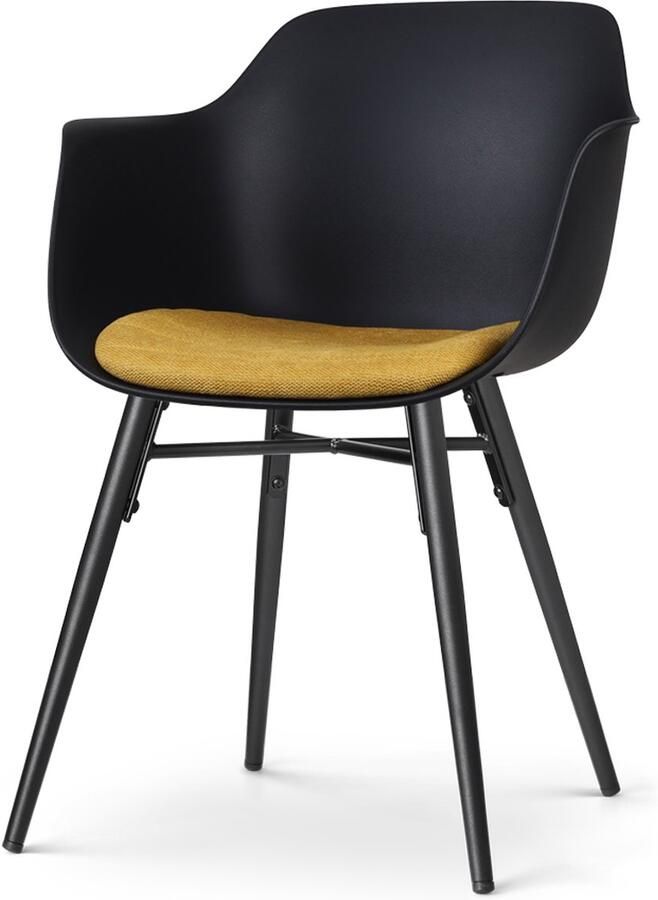 Nolon Nena-Liz Eetkamerstoel Zwart met Okergeel Zitkussen Armleuning Kunststof Zitting Zwarte Houten Poten Kuipstoel
